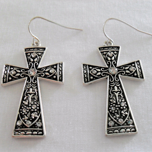 Jewelry - NEW Antique Silver Tone Rhinestone Studded Cross Earrings